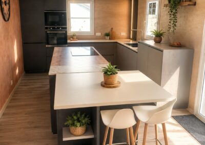 Cuisine-noire- Moderne-Ilot- hotte plan de travail-haute goulaine